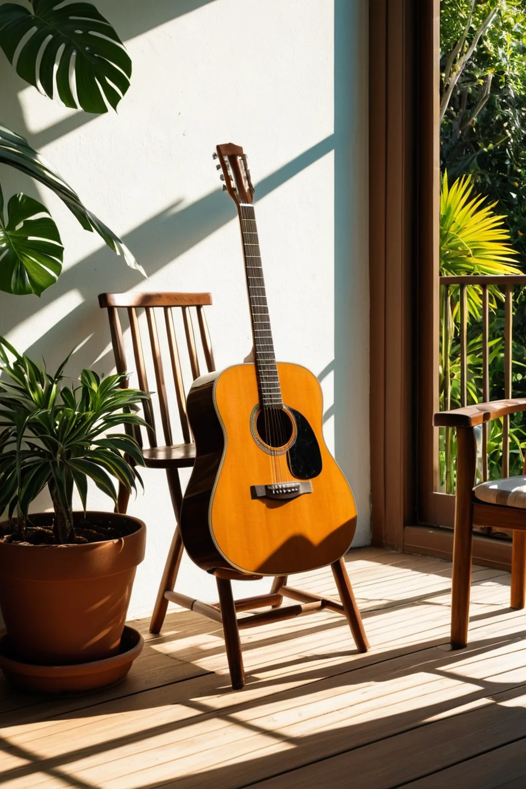 Guitare acoustique dans un espace de pratique lumineux