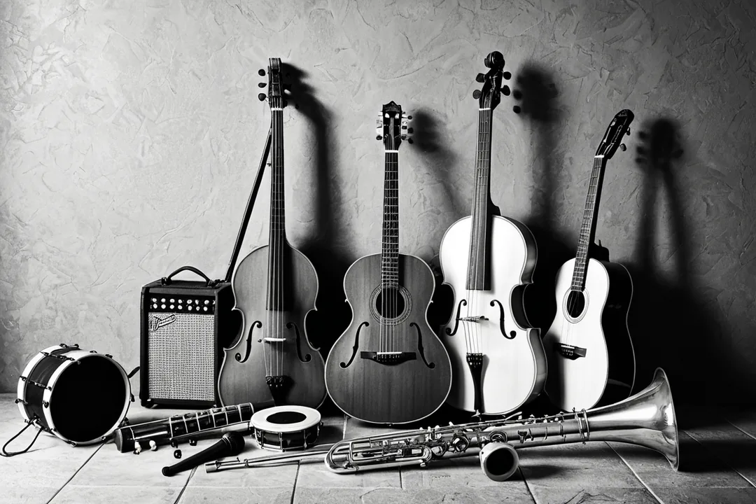 Ensemble d’instruments de musique disposés dans un atelier